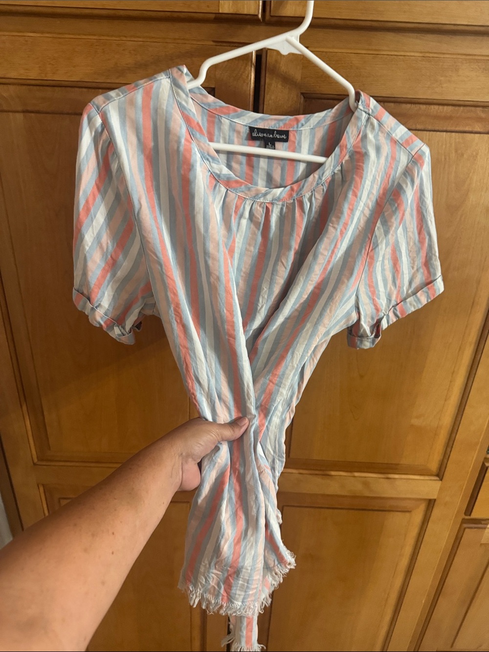 Striped Short-Sleeve Women's Top in Light Blue & Coral